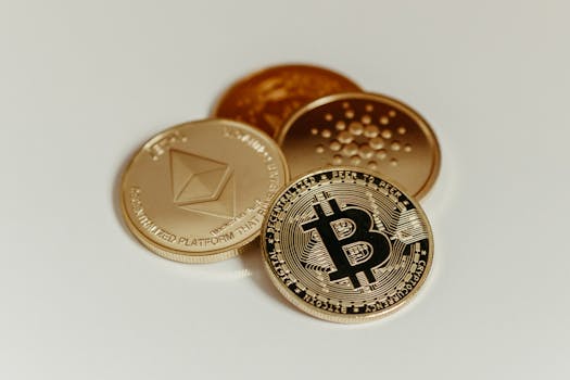 Cryptocurrency coins representing Bitcoin, Ethereum, and Cardano on a white background.