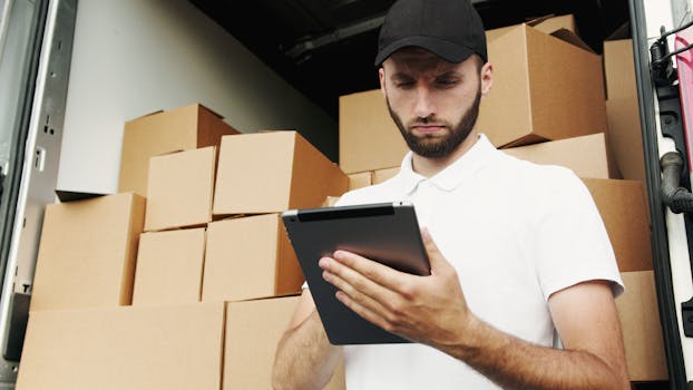 Delivery worker using a tablet to manage shipments with stacked boxes in the background.