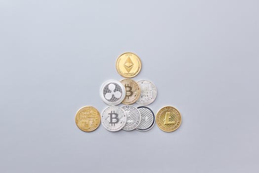 Minimalist display of cryptocurrency coins including Bitcoin and Ethereum on a gray background.